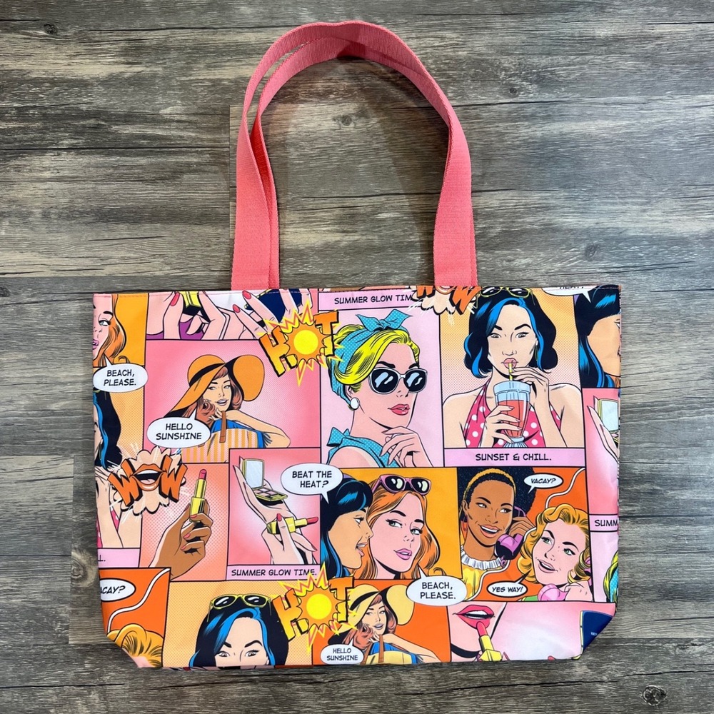 Estée Lauder Pop Art Comic Beach Tote Recycled Pink Polka Dot Summer Vacation